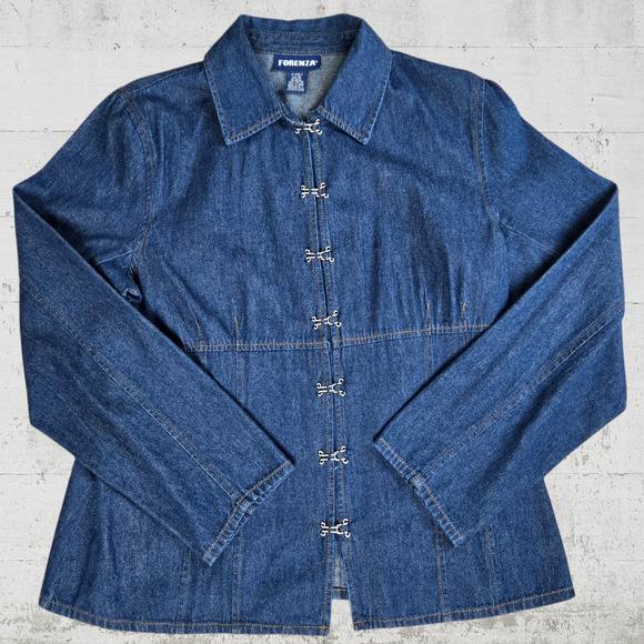 90s Vintage Forenza Dark Wash Hook and Eye Chambray Classic Denim Jacket Size 16 - Picture 1 of 8